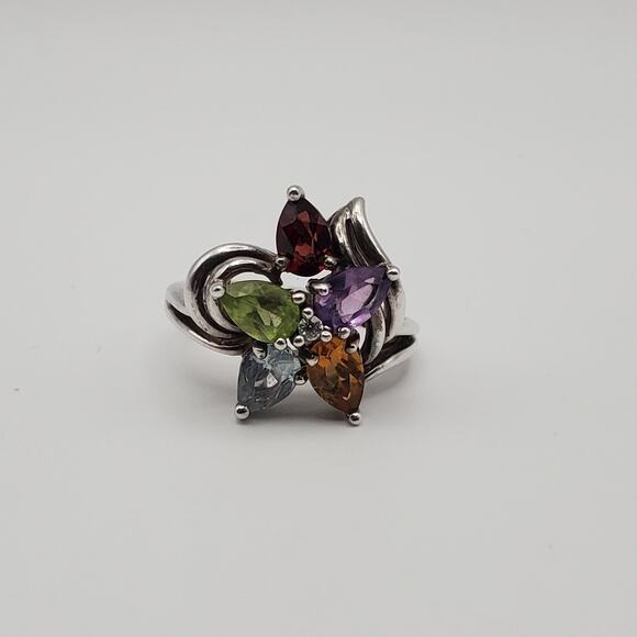 Sterling Silver Amethyst Garnet Topaz Citrine Peridot CZ Flower Ring Size 6 - Picture 4 of 12
